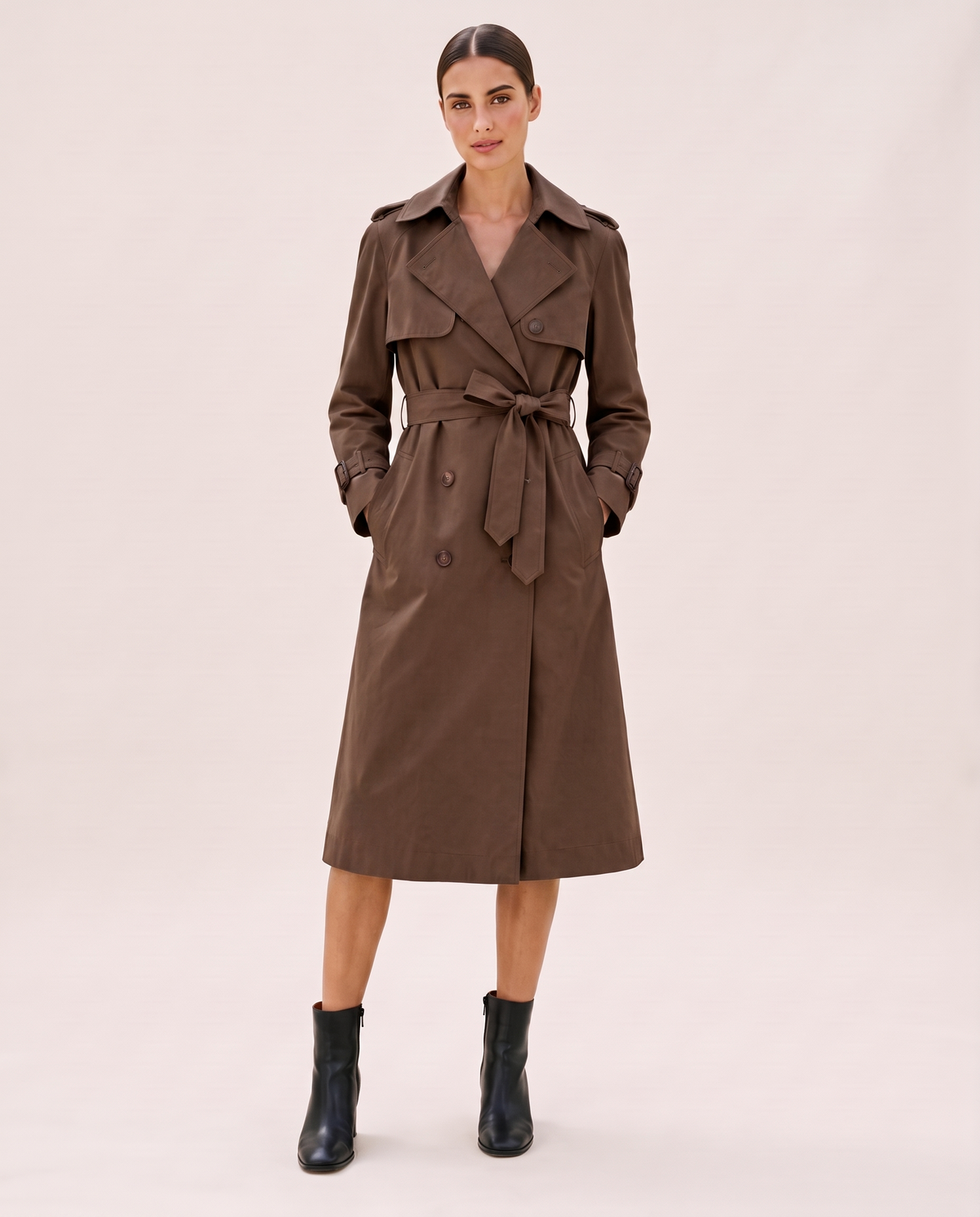 Classic Double-Breasted Belted Trench Coat — coffee