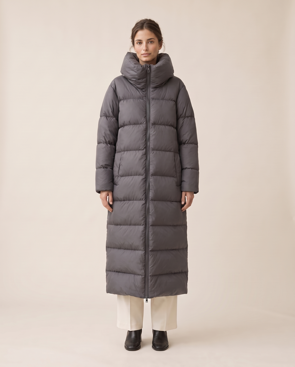 Long Puffer Coat with Oversized Collar — gray