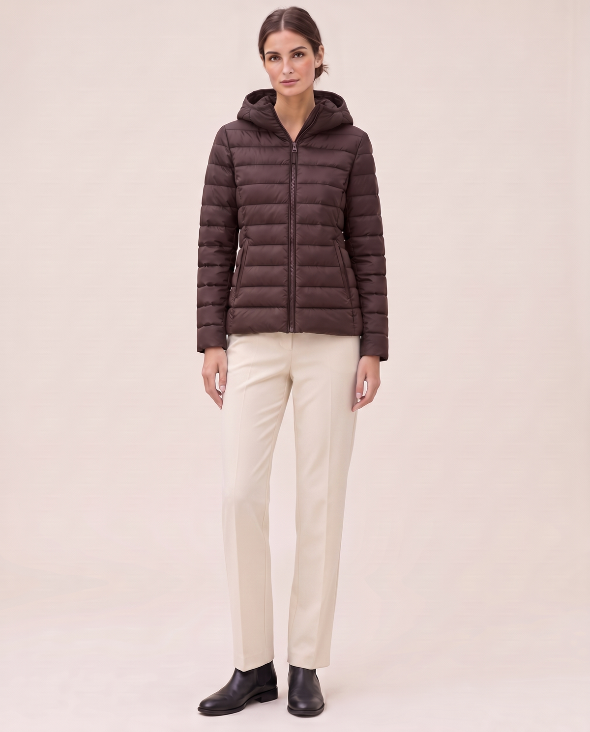 Quilted Hooded Puffer Jacket for Women — brown