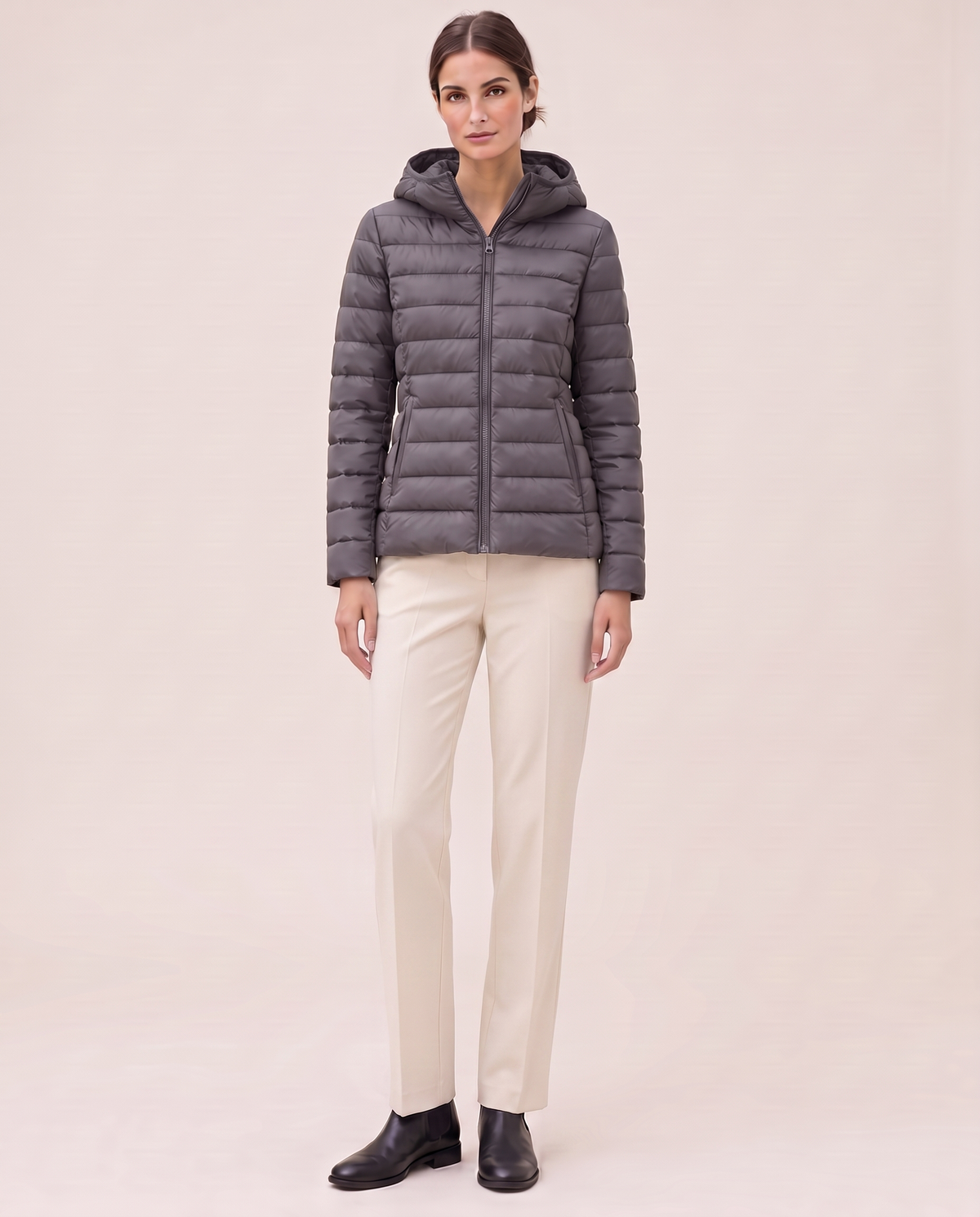 Quilted Hooded Puffer Jacket for Women — gray