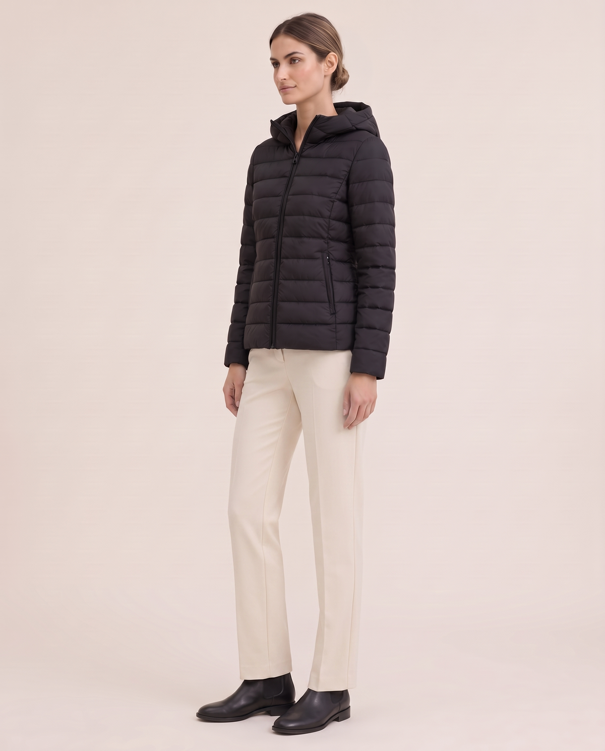 Quilted Hooded Puffer Jacket for Women — three-quarter view