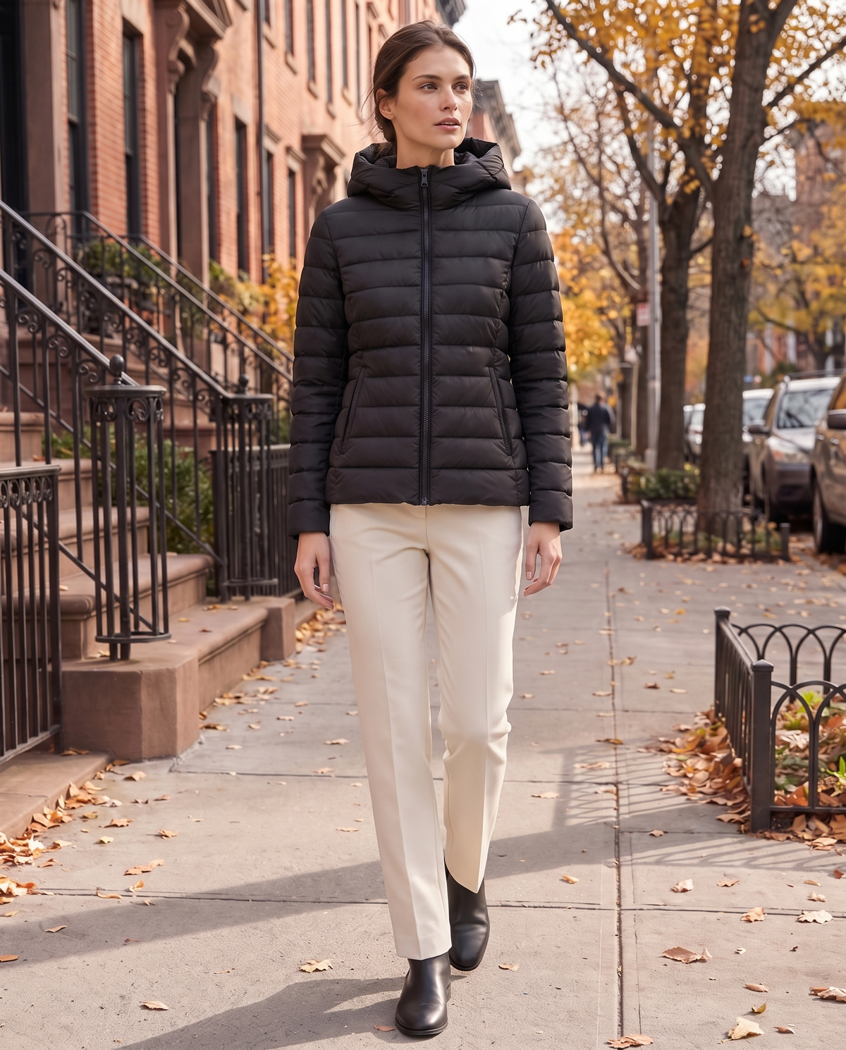Quilted Hooded Puffer Jacket for Women — worn on a New York street in autumn