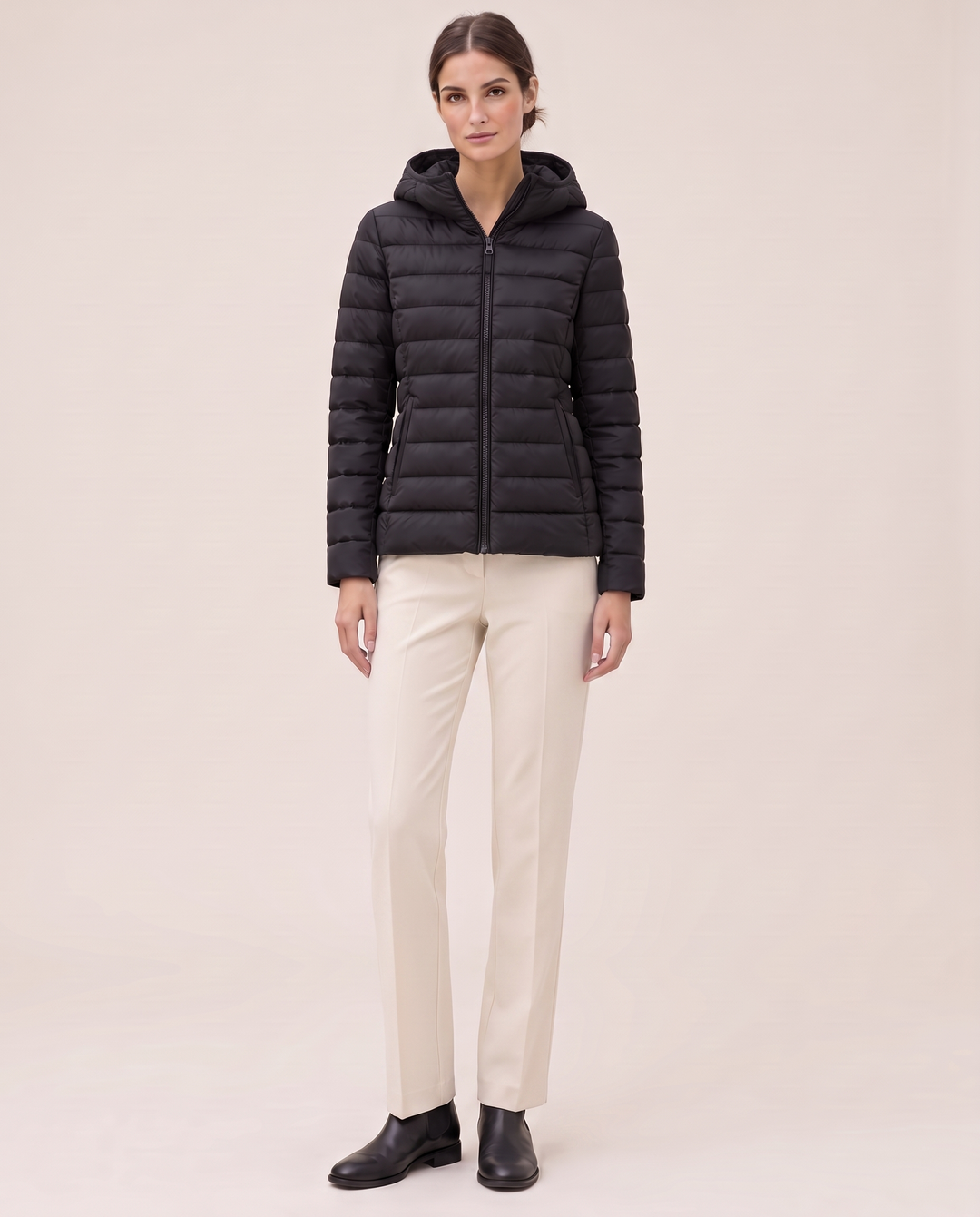Quilted Hooded Puffer Jacket for Women — studio front