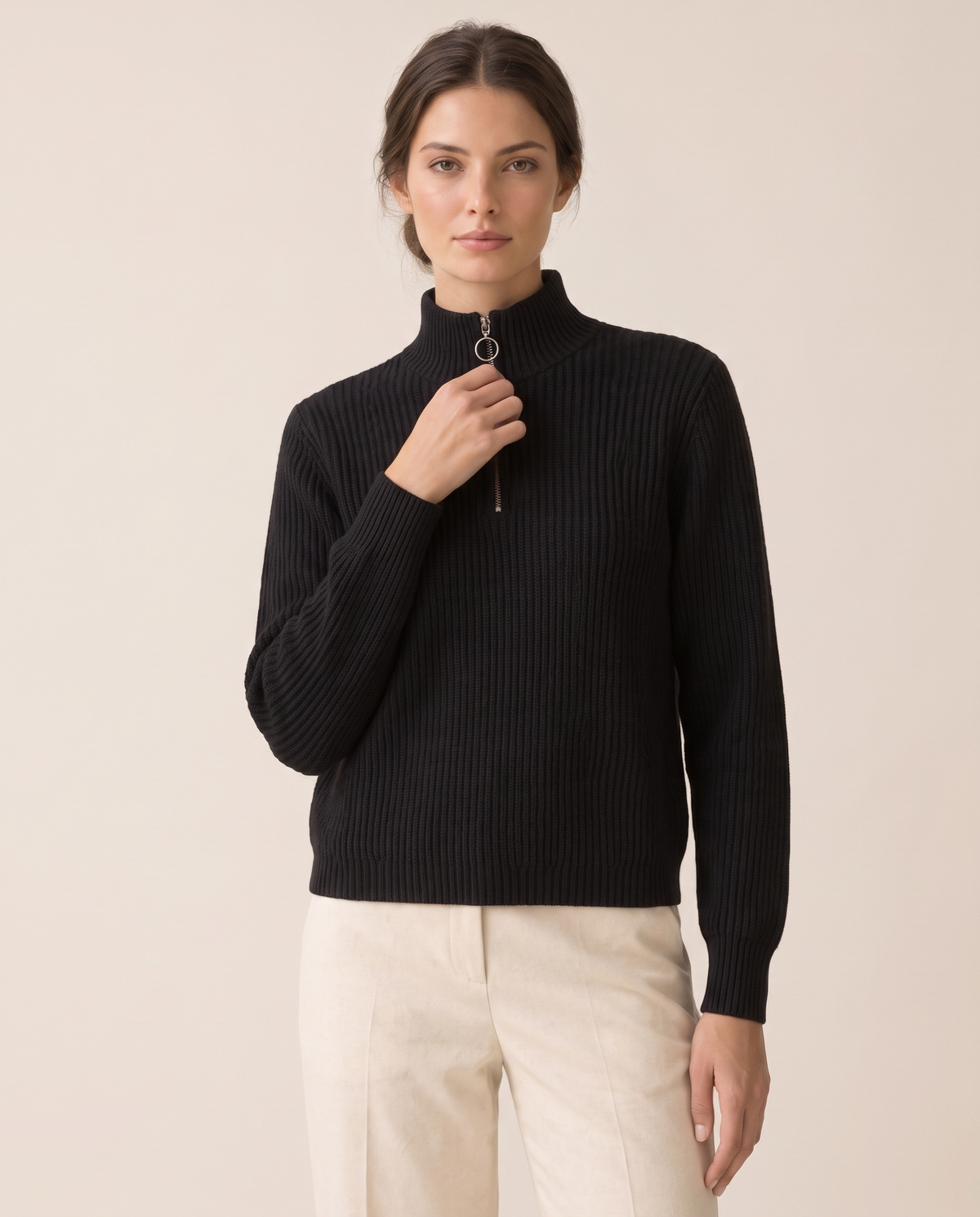 Kestrel Sleek Ribbed Half-Zip Mock Neck Sweater — knit detail, worn