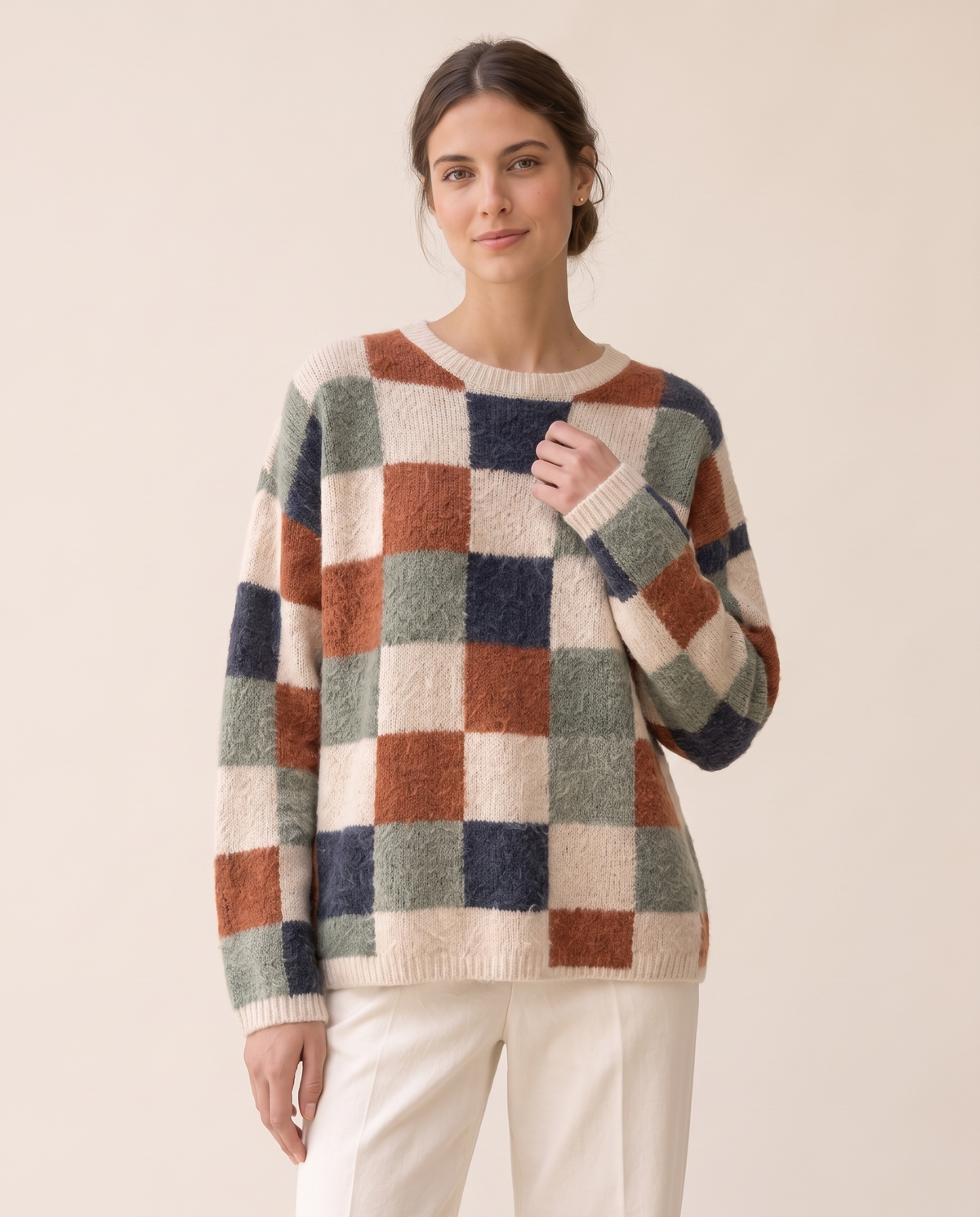 Silverton Cozy Checkered Print Pullover Sweater — knit detail, worn