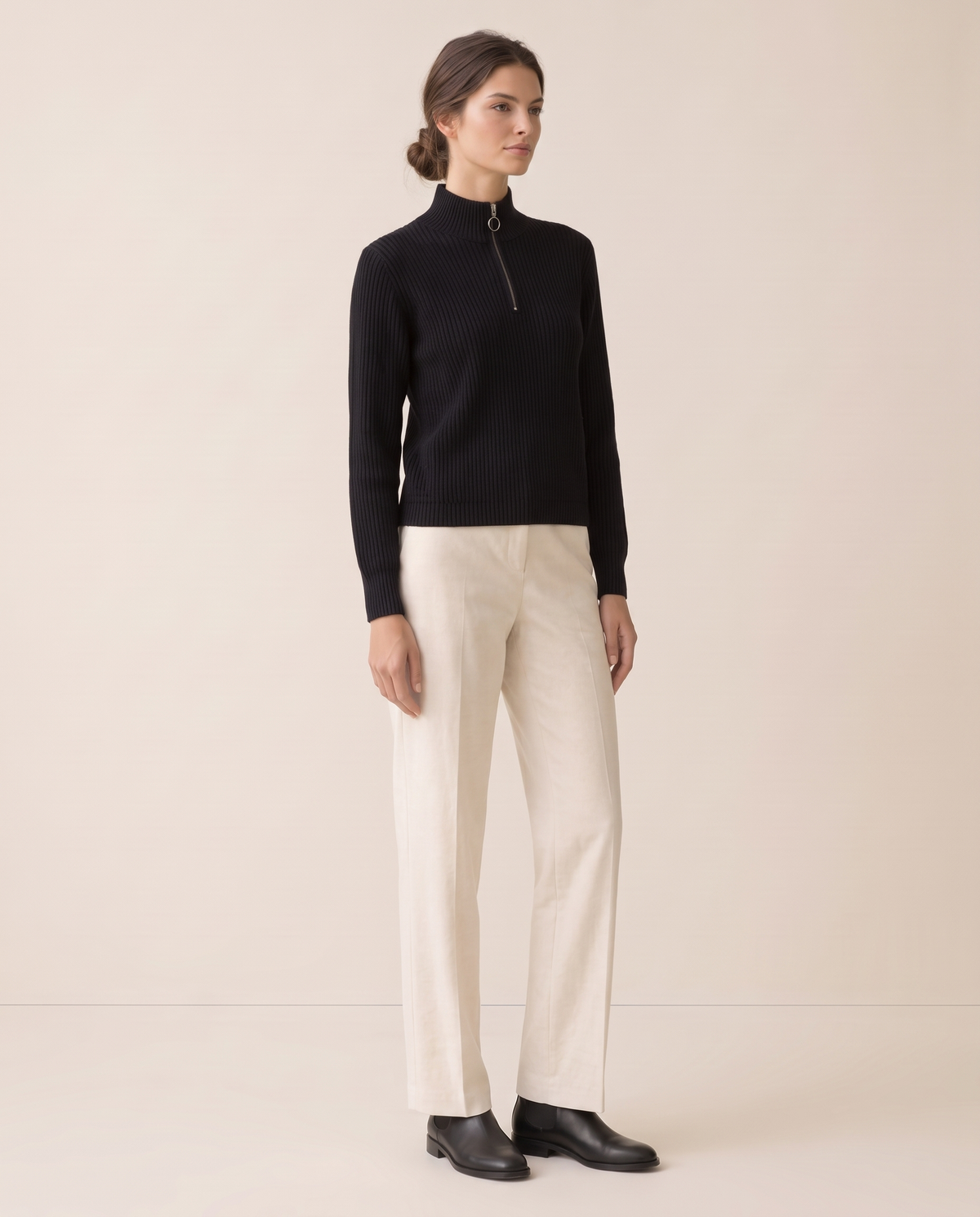 Kestrel Sleek Ribbed Half-Zip Mock Neck Sweater — three-quarter view