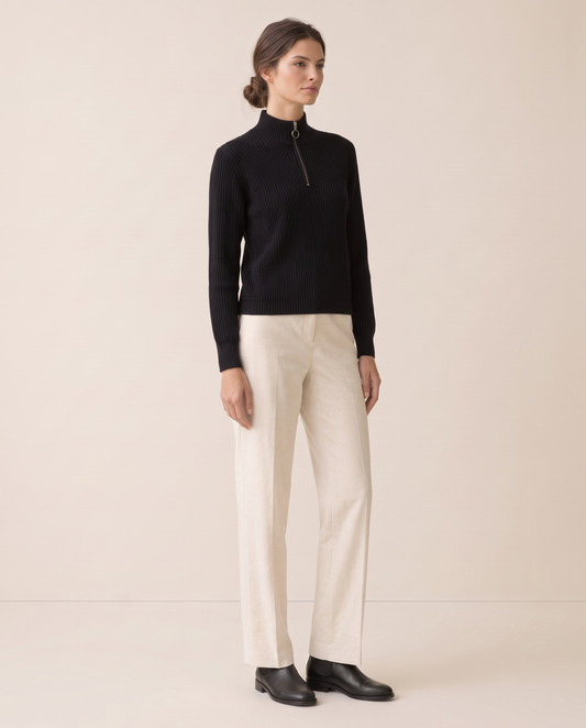 Kestrel Sleek Ribbed Half-Zip Mock Neck Sweater — three-quarter view