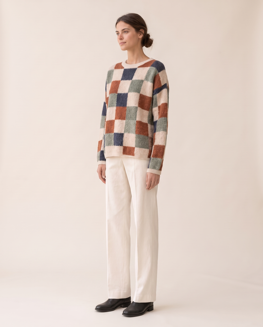 Silverton Cozy Checkered Print Pullover Sweater — three-quarter view