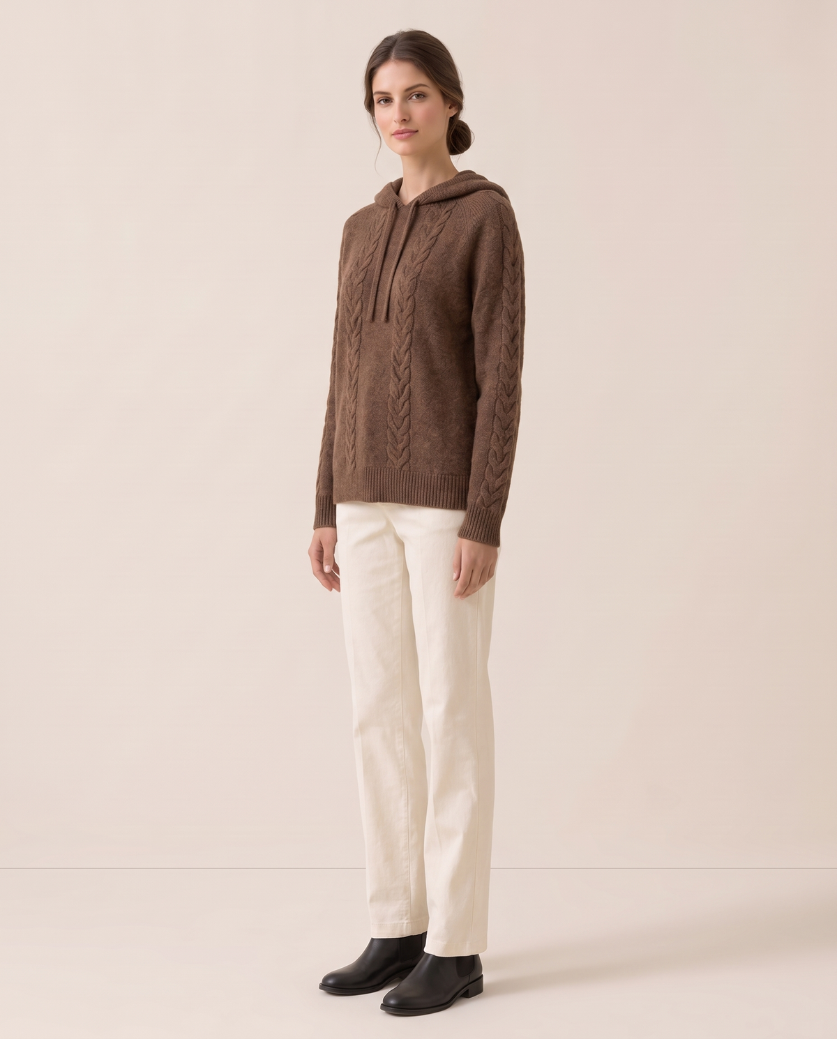 Marzamemi Cozy Hooded Cable Knit Pullover Sweater — three-quarter view