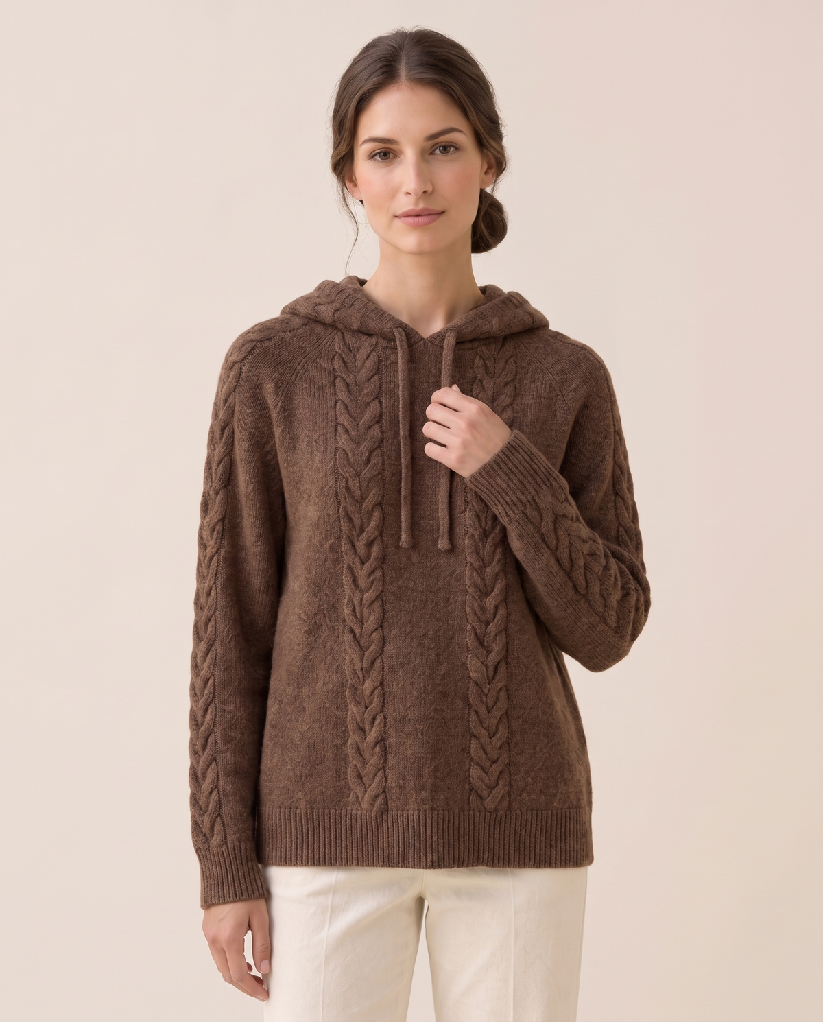 Marzamemi Cozy Hooded Cable Knit Pullover Sweater — knit detail, worn