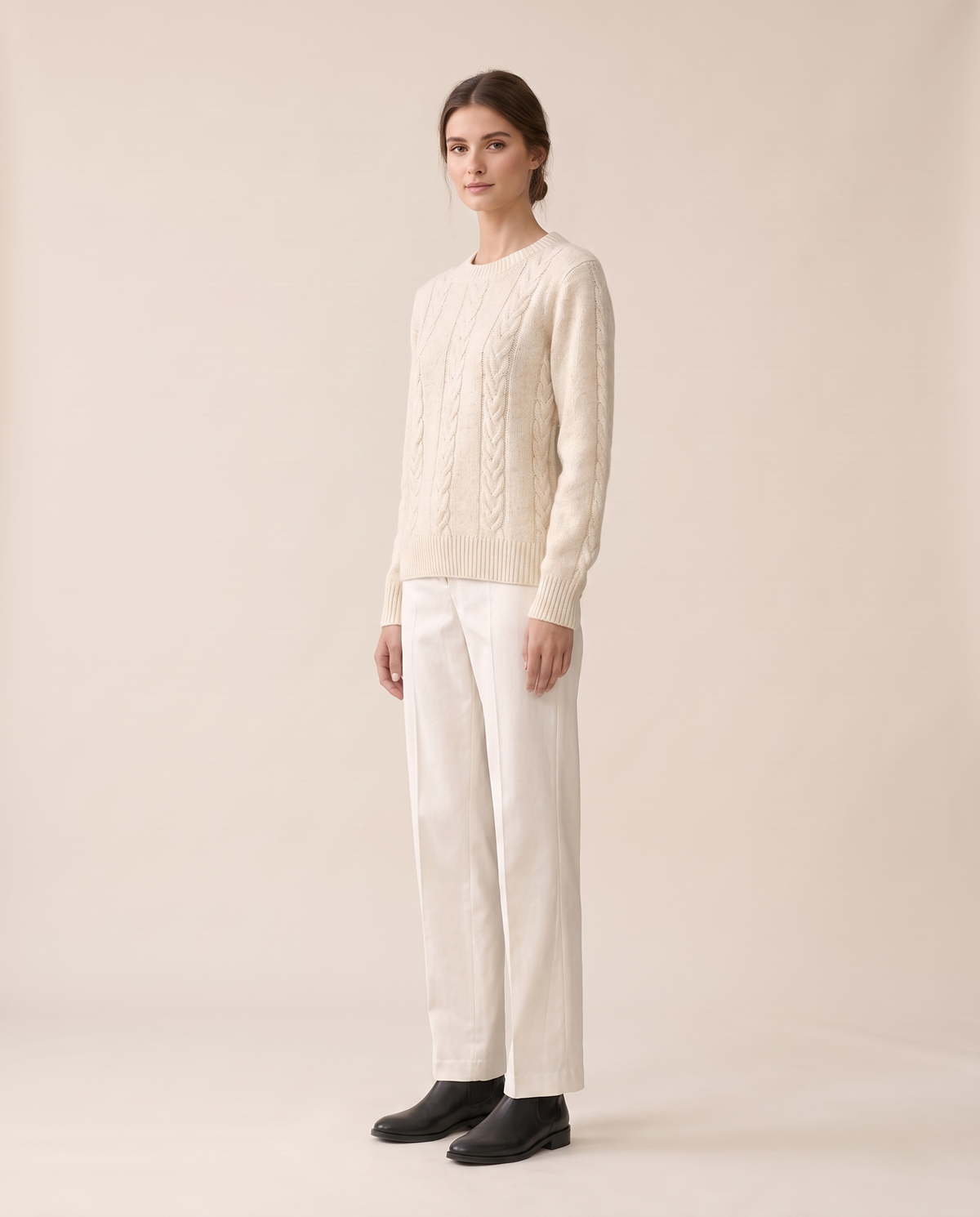 Favignana Classic Cable Knit Crew Neck Sweater — three-quarter view