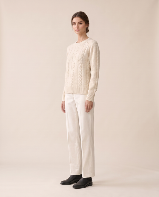 Favignana Classic Cable Knit Crew Neck Sweater — three-quarter view