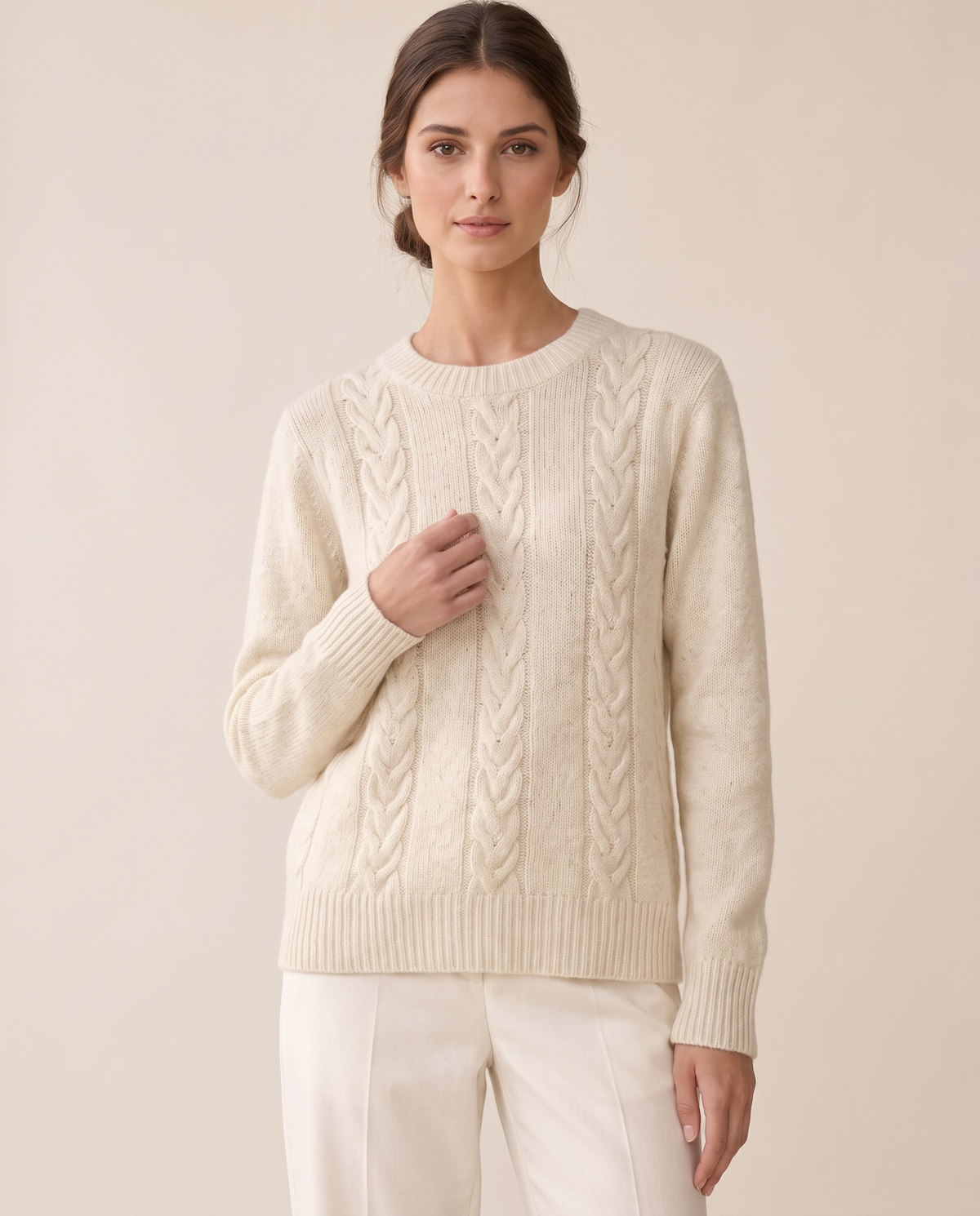 Favignana Classic Cable Knit Crew Neck Sweater — knit detail, worn