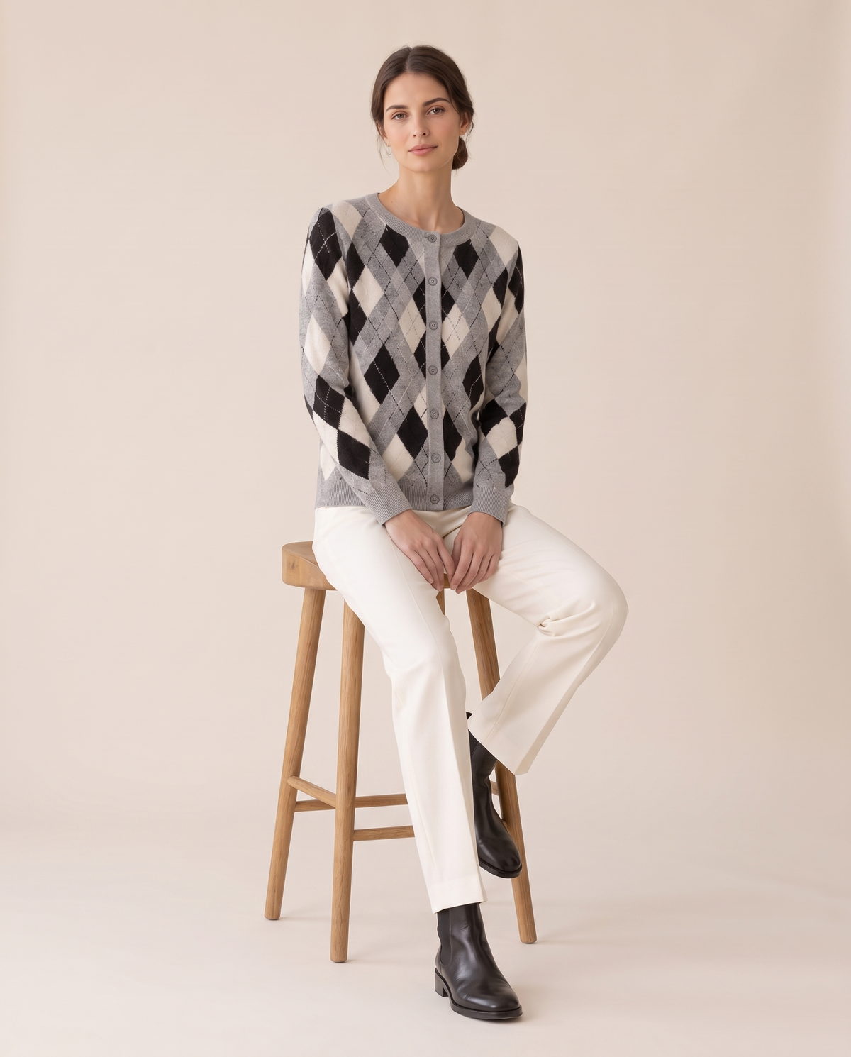 Belgravia Classic Argyle Button-Front Cardigan — worn seated