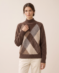 Weymouth Classic High Neck Color Block Argyle Sweater — knit detail, worn