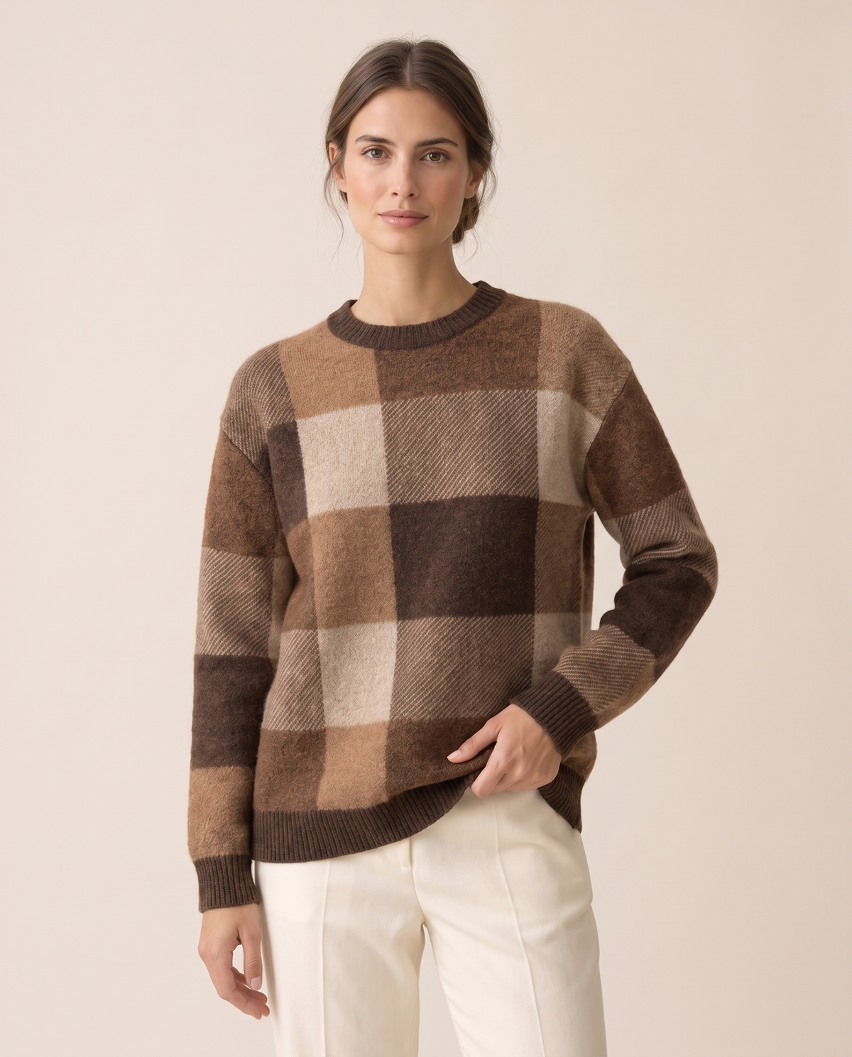Foxhollow Relaxed Plaid Crew Neck Sweater — knit detail, worn