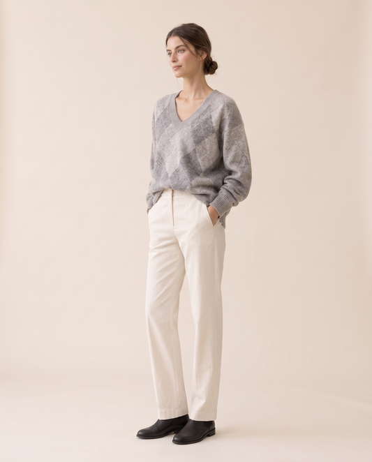 Vail Relaxed Oversized Argyle V-Neck Sweater — three-quarter view