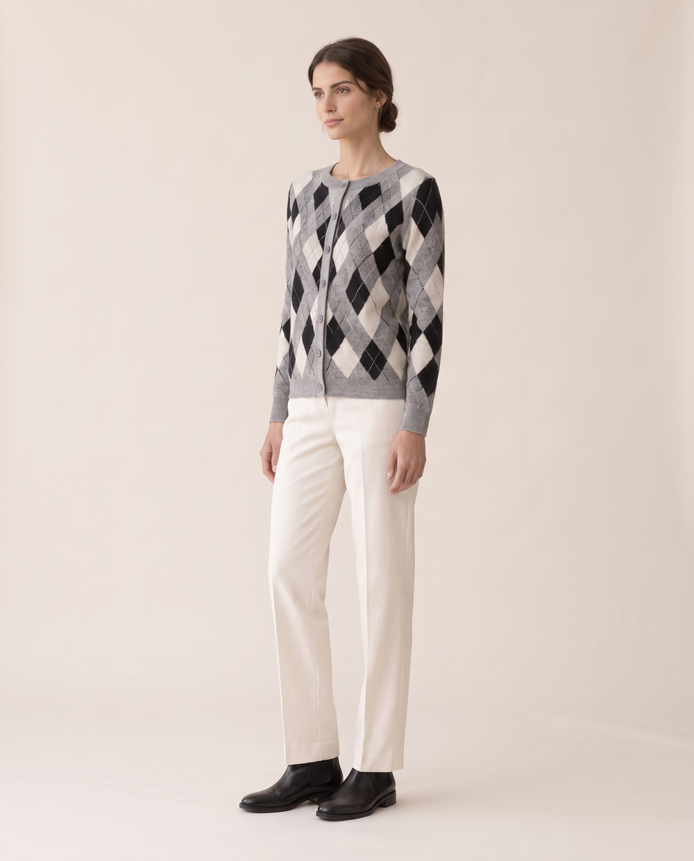 Belgravia Classic Argyle Button-Front Cardigan — three-quarter view
