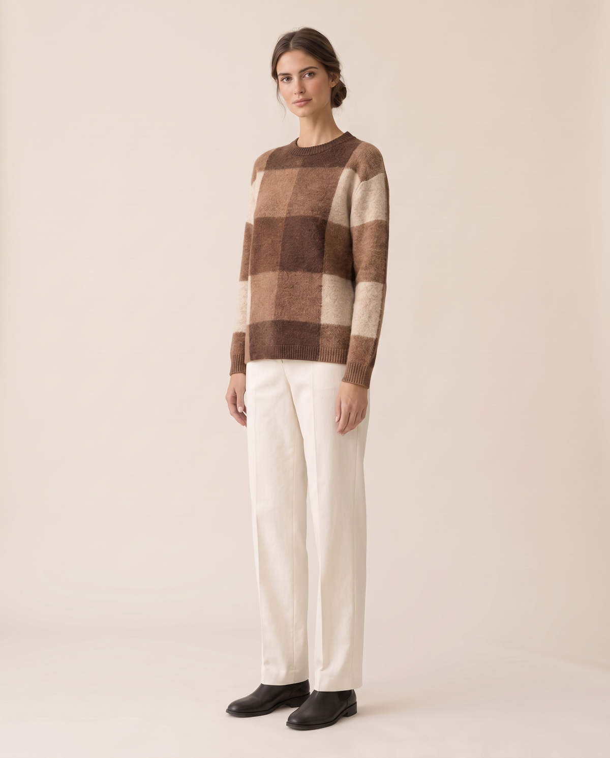 Foxhollow Relaxed Plaid Crew Neck Sweater — three-quarter view