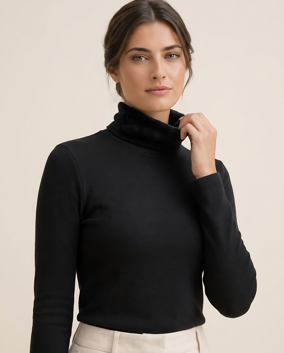 Highline Warm Fleece-Lined Slim Turtleneck Sweater — knit detail, worn