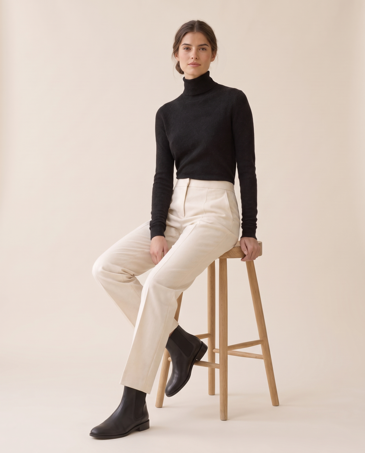 Marylebone Slim-Fit Brushed Knit Turtleneck Sweater — worn seated