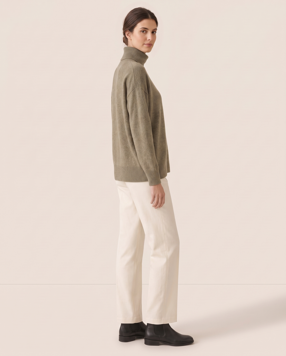 Erice Relaxed Loose-Fit Fine Knit Turtleneck Sweater — three-quarter view