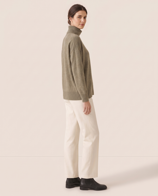 Erice Relaxed Loose-Fit Fine Knit Turtleneck Sweater — three-quarter view