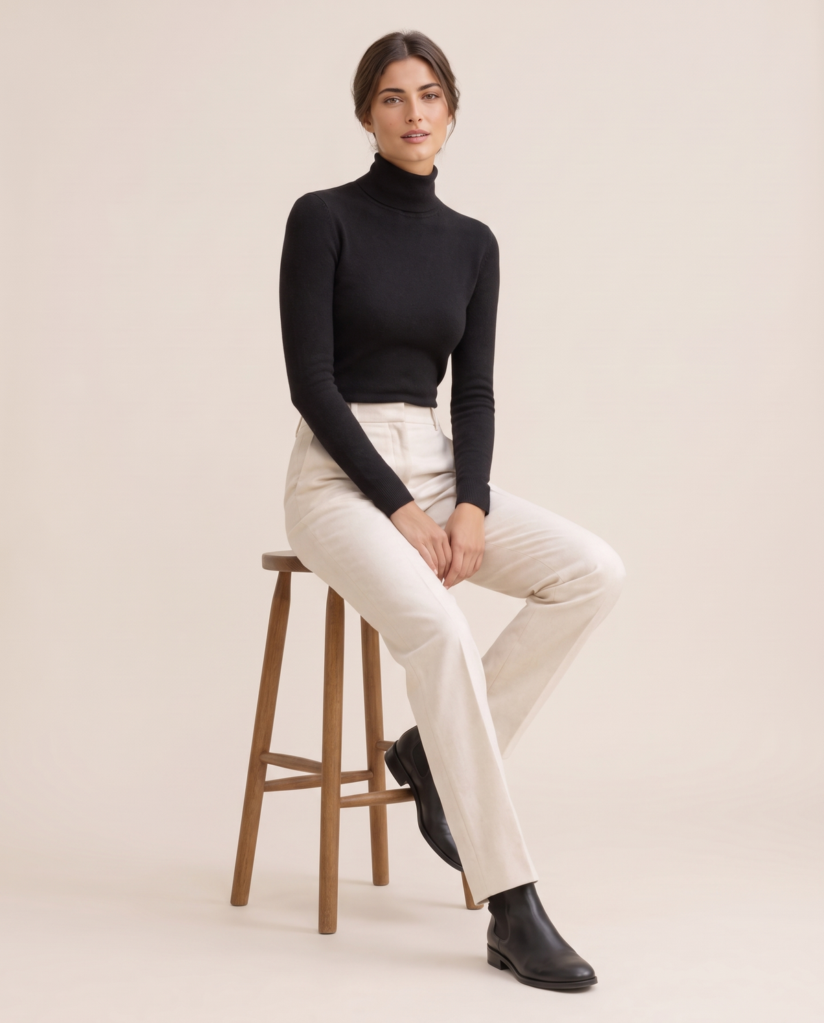Highline Warm Fleece-Lined Slim Turtleneck Sweater — worn seated