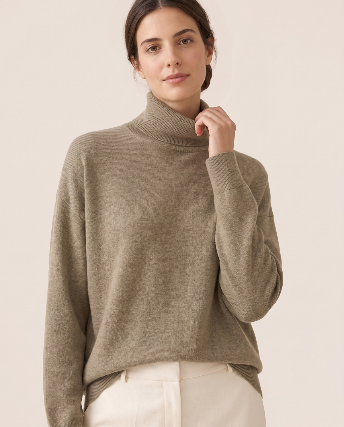 Erice Relaxed Loose-Fit Fine Knit Turtleneck Sweater — knit detail, worn