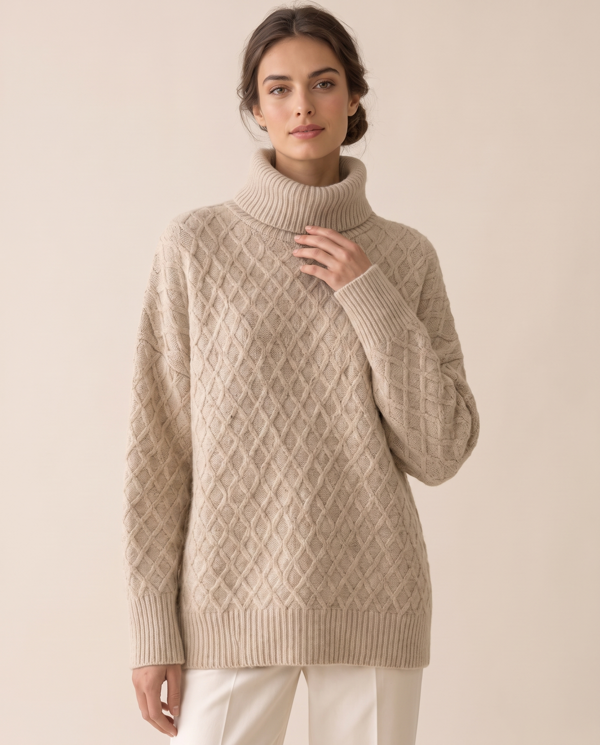 Fairfield Cozy Diamond Knit Oversized Turtleneck Sweater — knit detail, worn