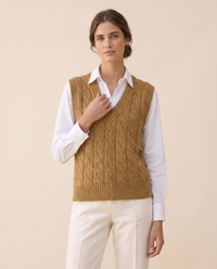 Falmouth Versatile Cable Knit Sweater Vest — knit detail, worn