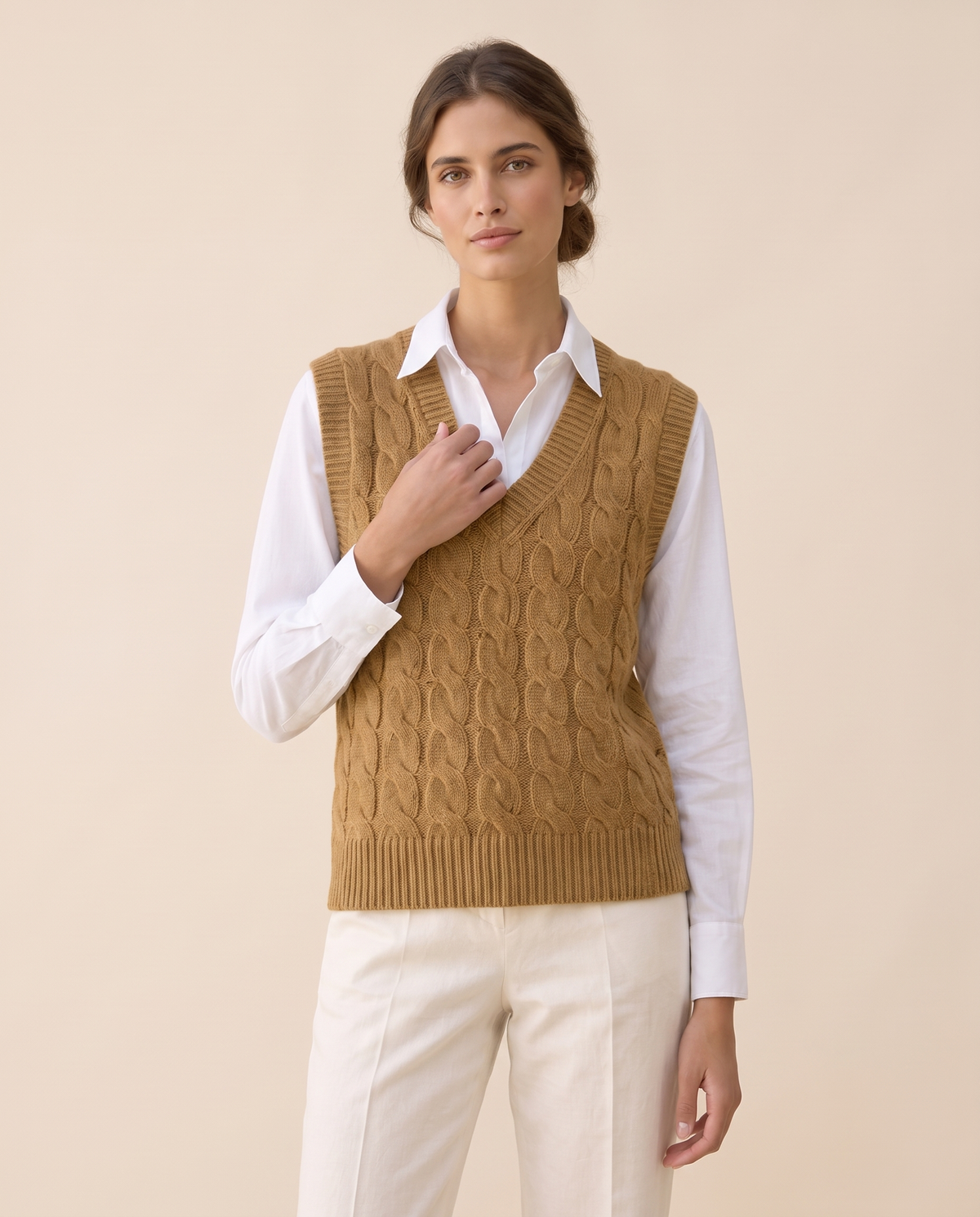 Falmouth Versatile Cable Knit Sweater Vest — knit detail, worn