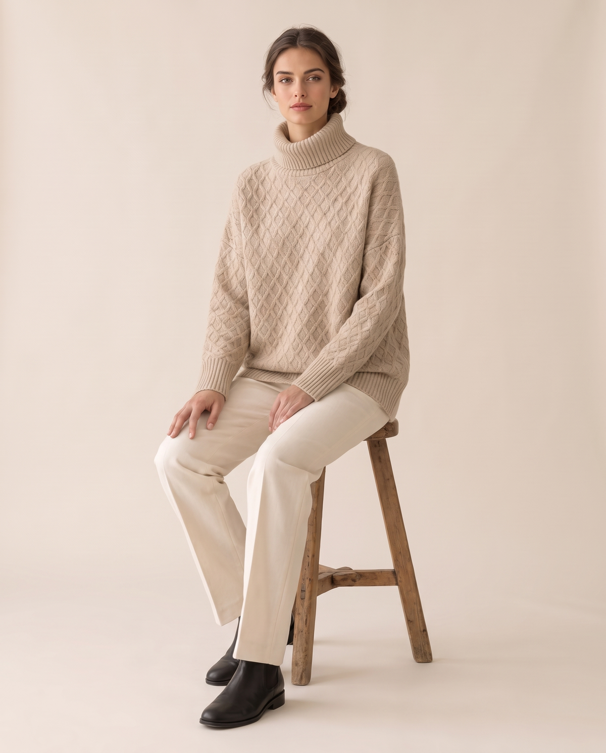 Fairfield Cozy Diamond Knit Oversized Turtleneck Sweater — worn seated