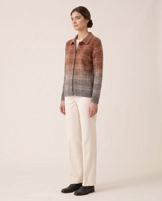 Iris Casual Ombre Plaid Button-Front Cardigan — three-quarter view