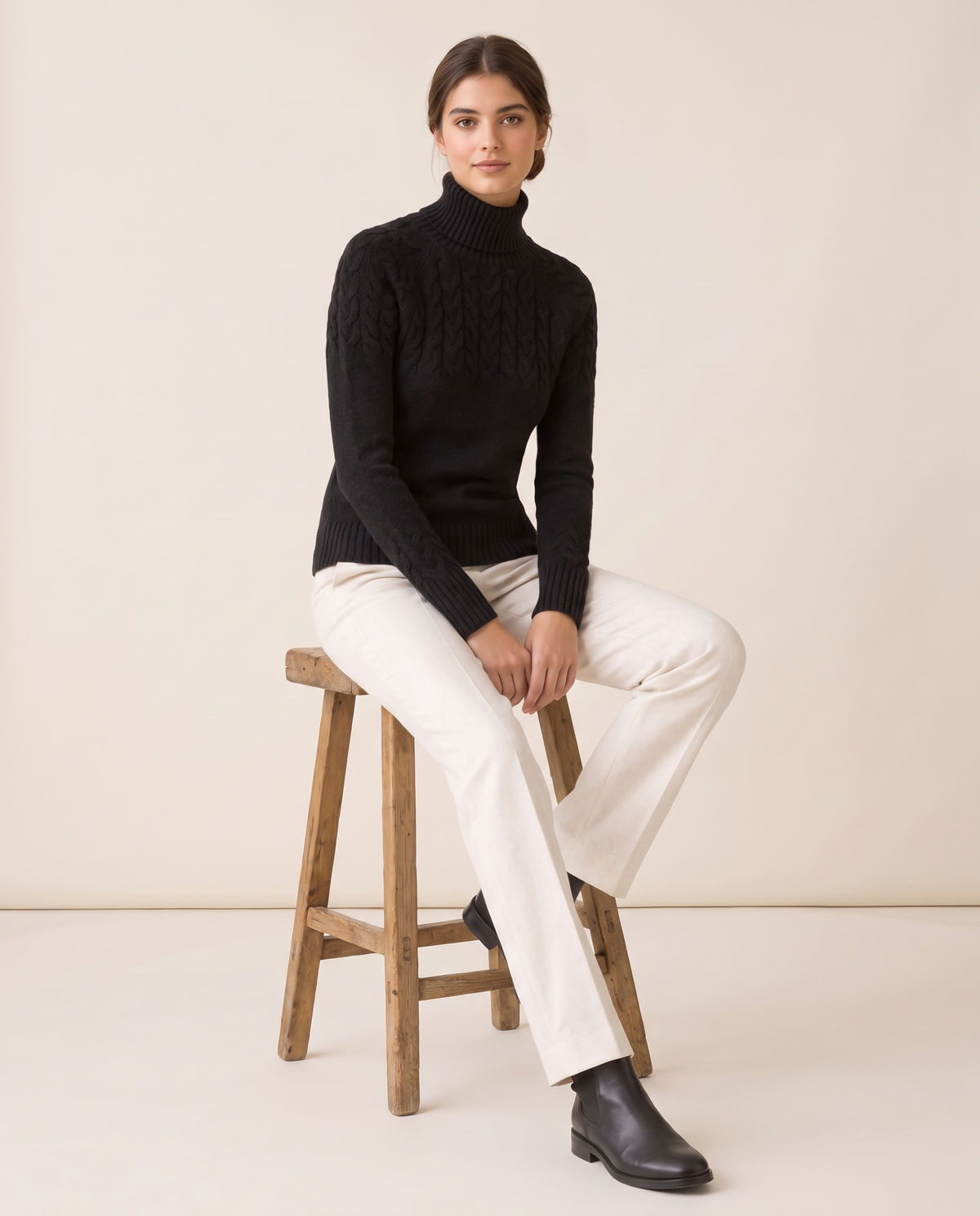 Gloucester Warm Cable Knit Ribbed Turtleneck Sweater — worn seated