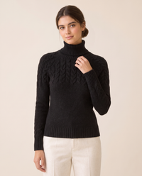 Gloucester Warm Cable Knit Ribbed Turtleneck Sweater — knit detail, worn