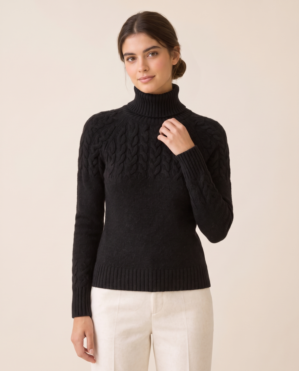 Gloucester Warm Cable Knit Ribbed Turtleneck Sweater — knit detail, worn