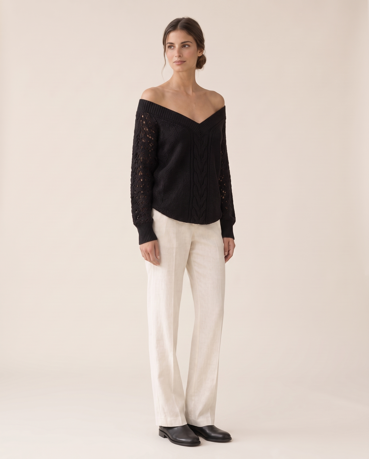 Ischia Relaxed Off-Shoulder Cable Knit V-Neck Sweater — three-quarter view