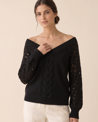 Ischia Relaxed Off-Shoulder Cable Knit V-Neck Sweater — knit detail, worn