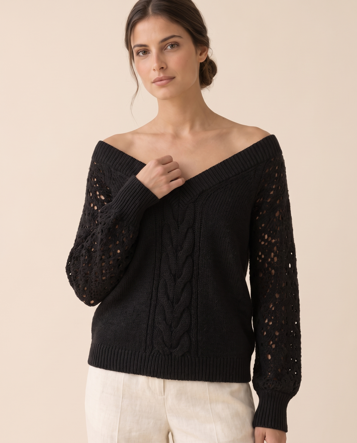 Ischia Relaxed Off-Shoulder Cable Knit V-Neck Sweater — knit detail, worn