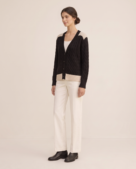 Vietri Relaxed Color-Block Cable Knit Cardigan — three-quarter view