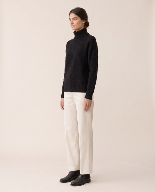 Thornbury Warm Ribbed-Cuff Geometric Knit Turtleneck Sweater — three-quarter view