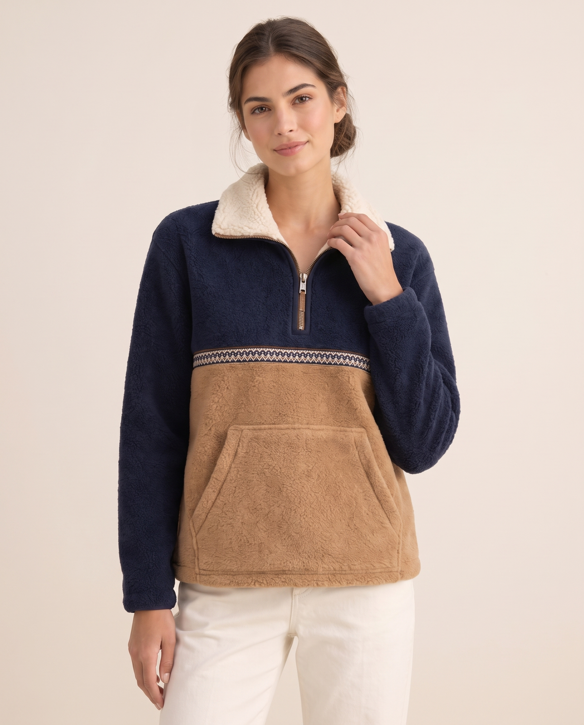 Zion Cozy Color-Block Quarter-Zip Sherpa Pullover — knit detail, worn
