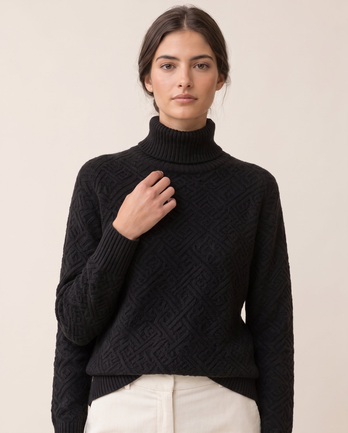 Thornbury Warm Ribbed-Cuff Geometric Knit Turtleneck Sweater — knit detail, worn