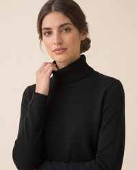 Merano Classic Solid Knit Turtleneck Sweater — knit detail, worn