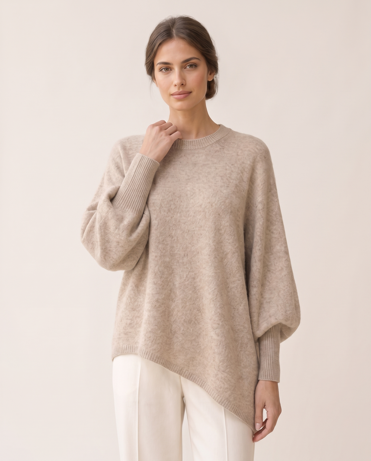 Ghent Warm Wool-Blend Draped Sweater with Asymmetric Hem — knit detail, worn