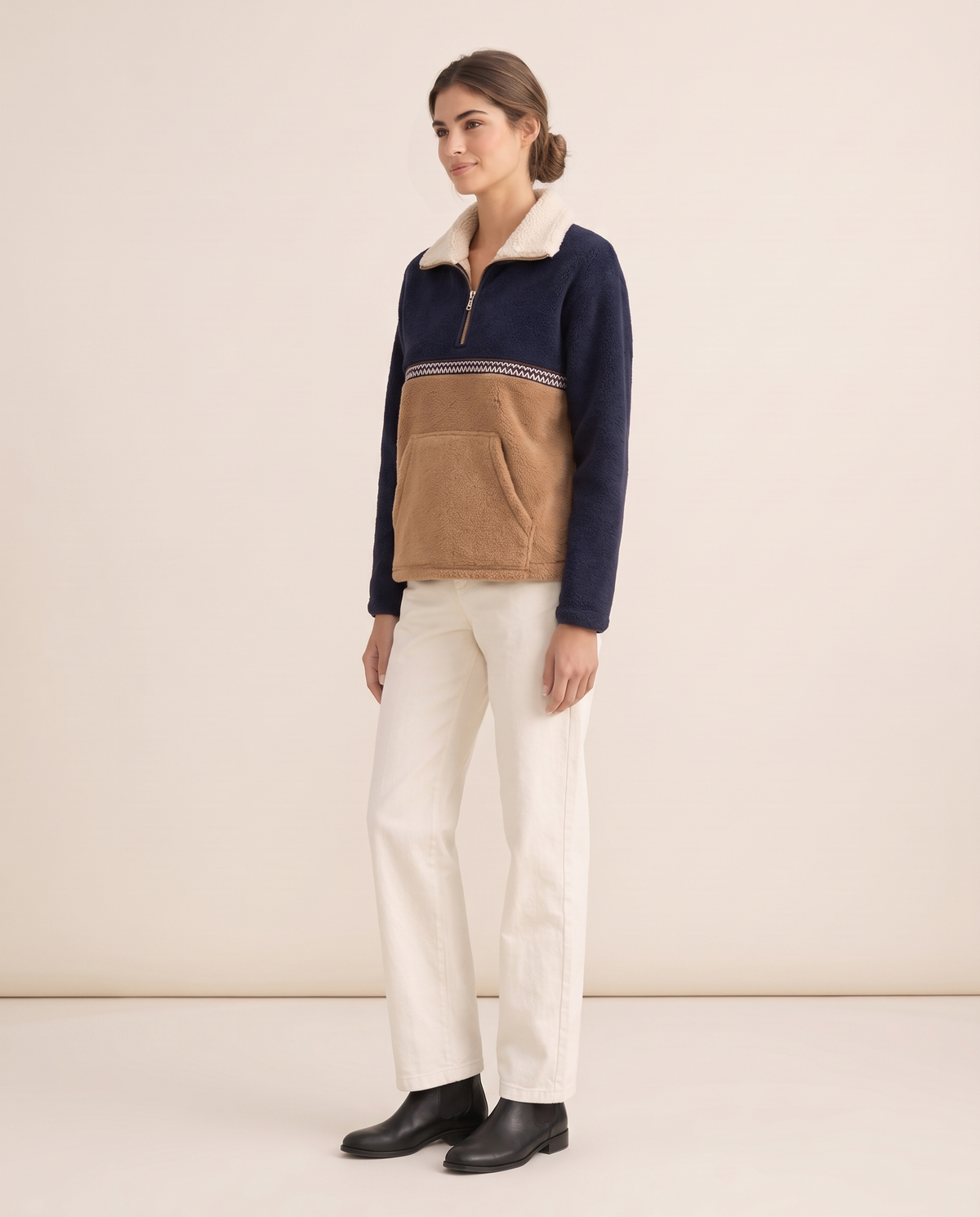 Zion Cozy Color-Block Quarter-Zip Sherpa Pullover — three-quarter view