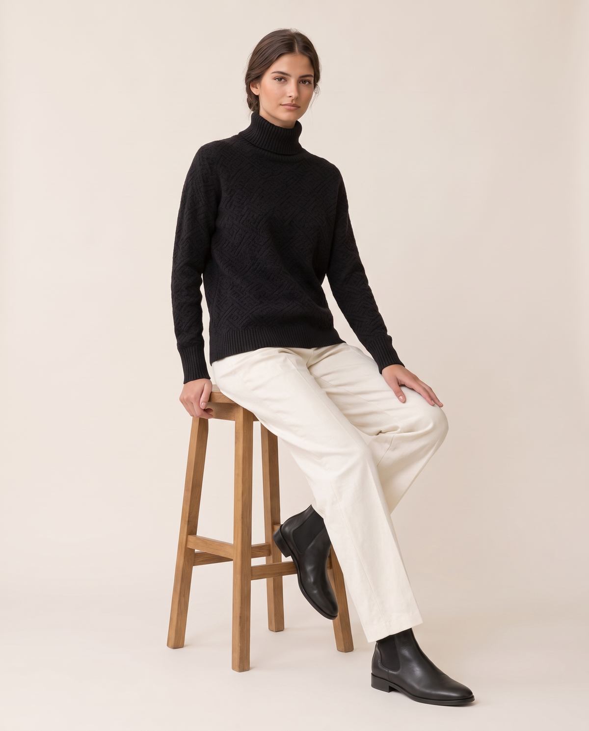 Thornbury Warm Ribbed-Cuff Geometric Knit Turtleneck Sweater — worn seated