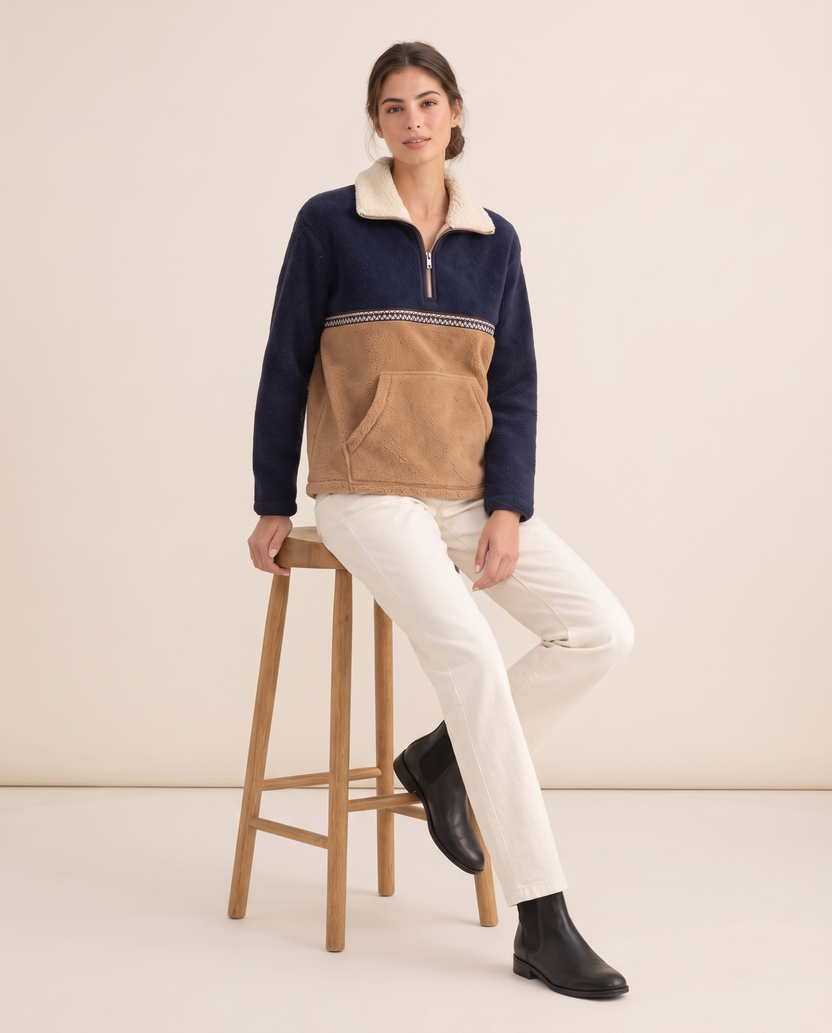 Zion Cozy Color-Block Quarter-Zip Sherpa Pullover — worn seated