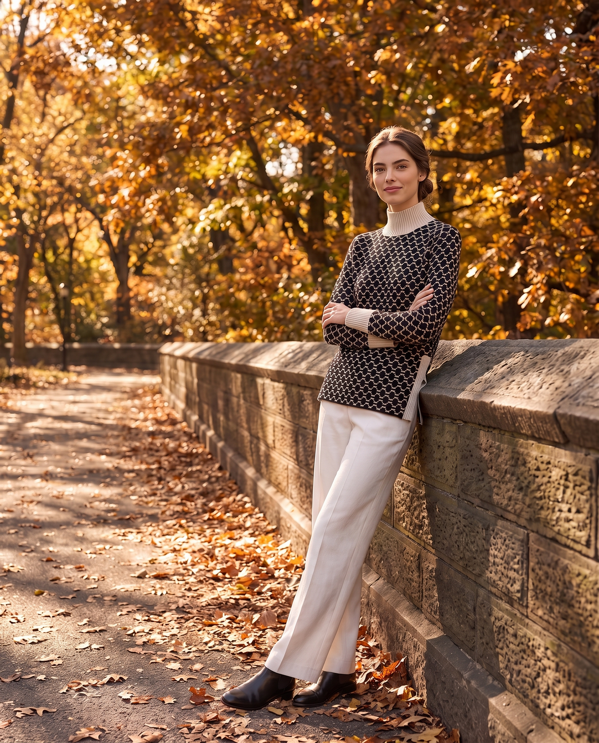Sunstone Chic Patterned Stand-Collar Sweater — worn in Central Park in autumn